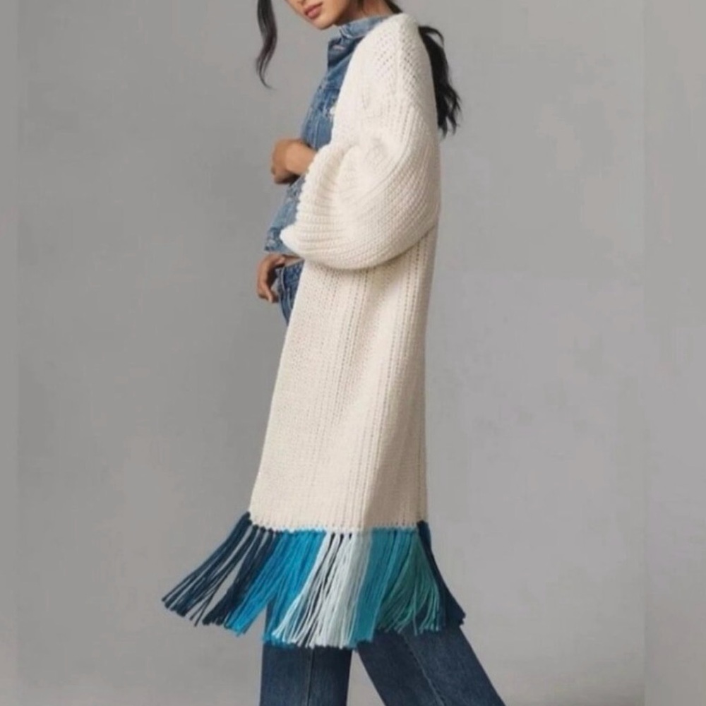 Anthropologie Ivory Knit Duster Cardigan with Blue Fringe Chunky Knit Onesize